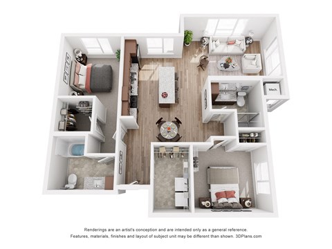 Floor plan for 2 beds, 2 baths, 1137 sqft